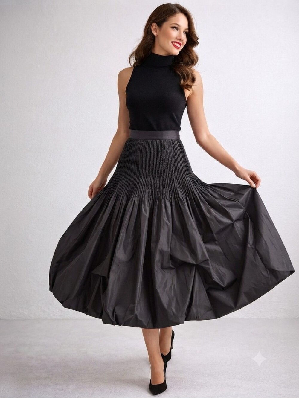 Chetta B Black Smocked Waist Full Midi Skirt 100% Silk